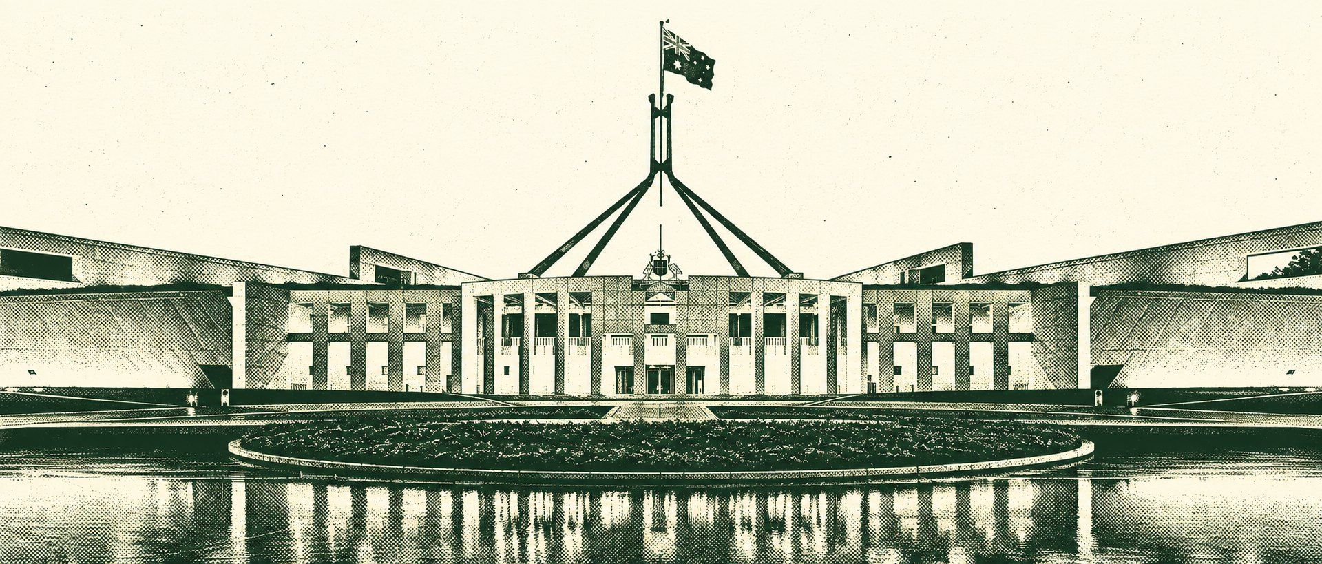 Parliament House, Canberra, at dusk, rendered as a forest-green and cream ink print